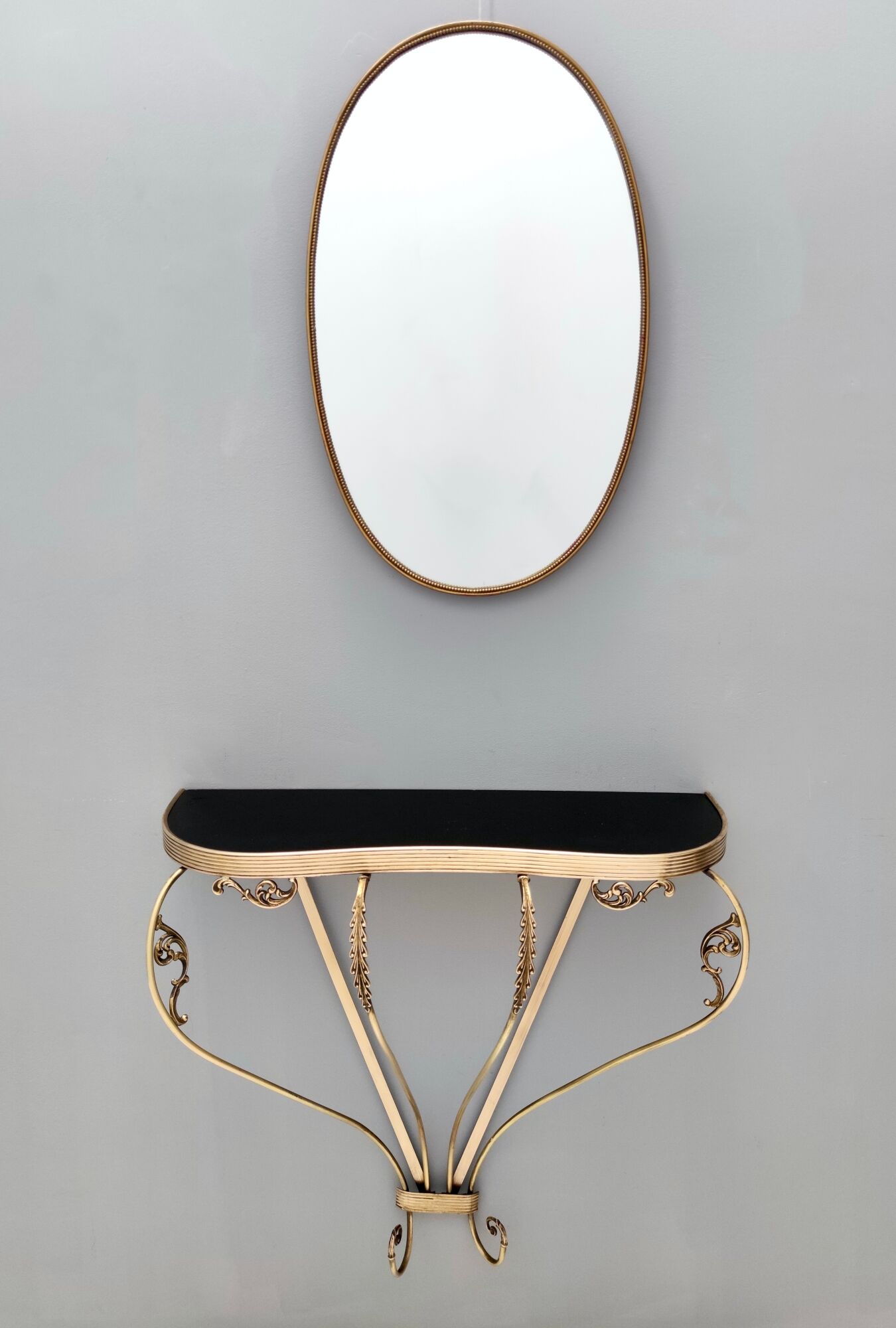 Vintage Wall Mounted Brass Console Table With Demilune Black Glass Top, Italy