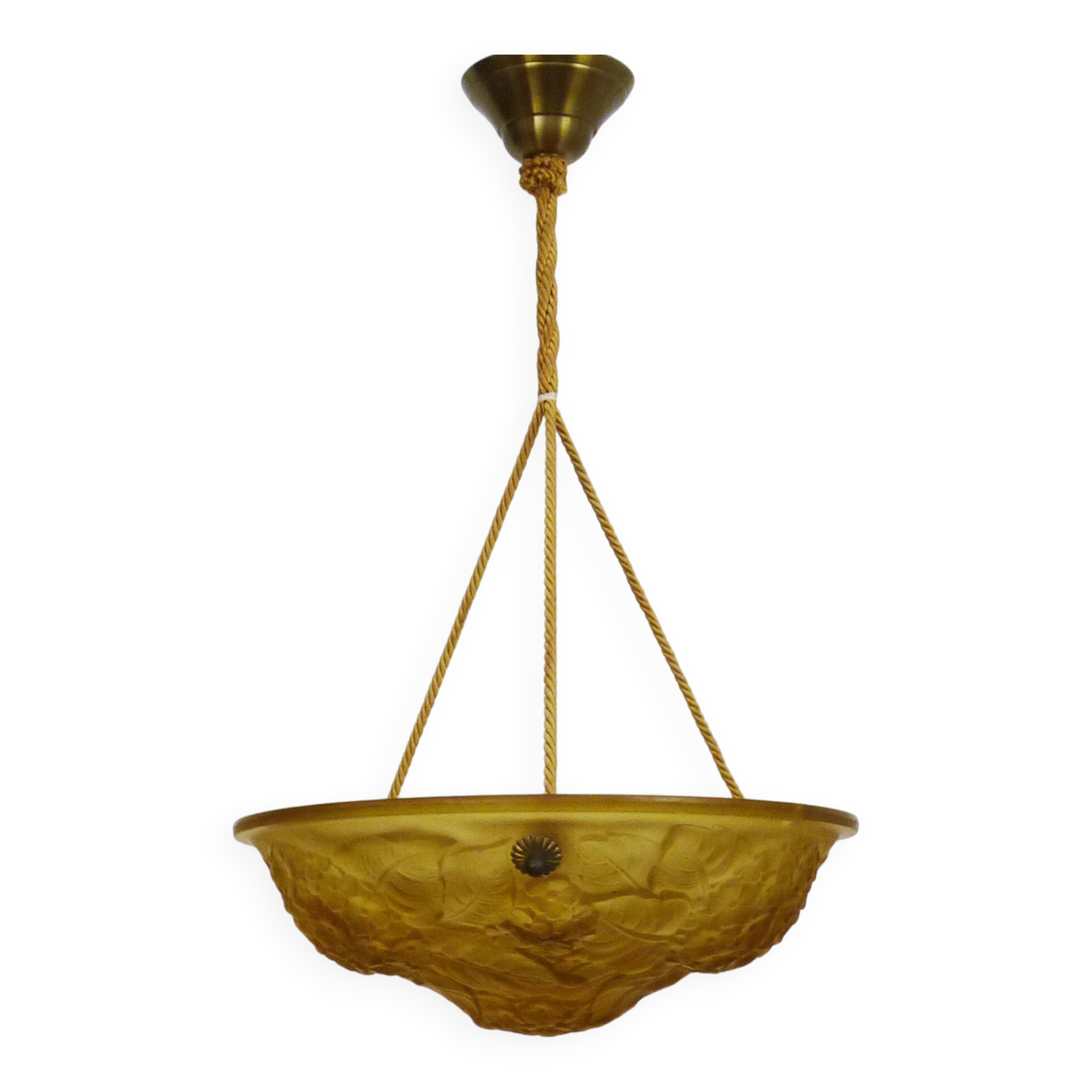 Ancien lustre, suspension vasque Art Déco 1 Feu, en pâte de verre jaune.