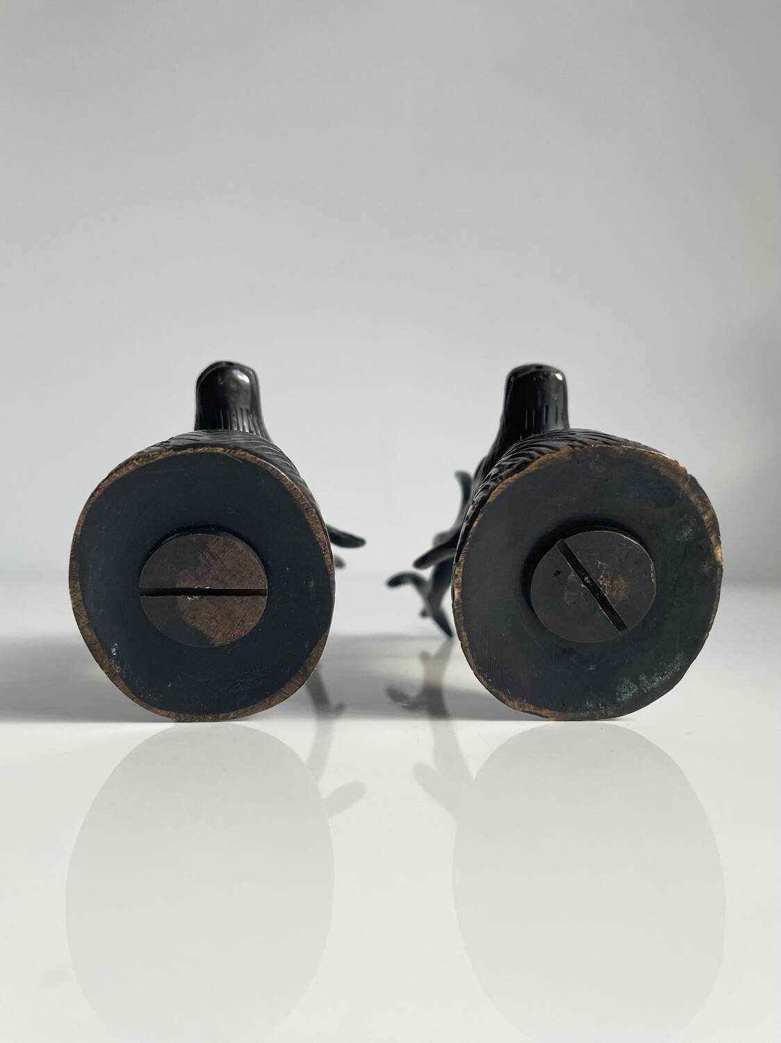 Salt and pepper shaker set with patinated brass deer heads.