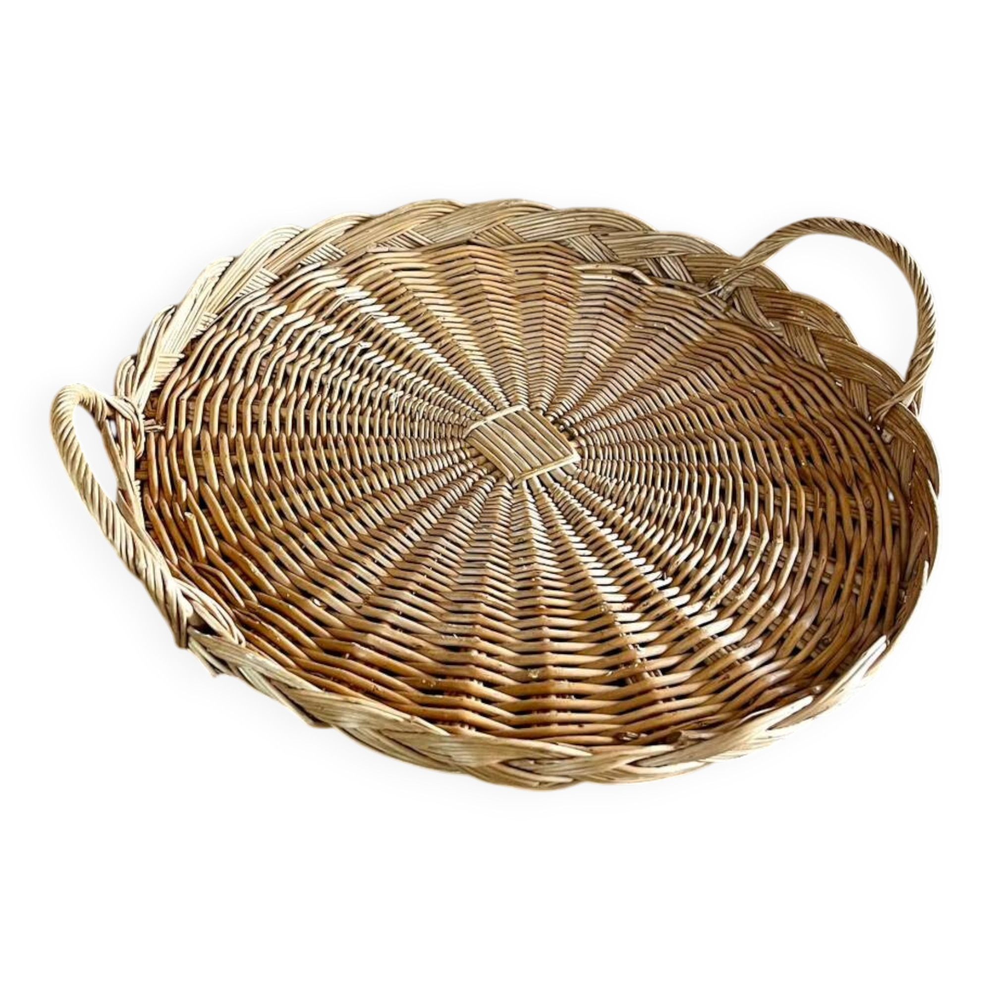 Antique flat round rattan basket