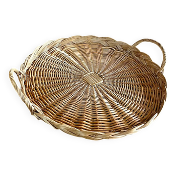 Antique flat round rattan basket