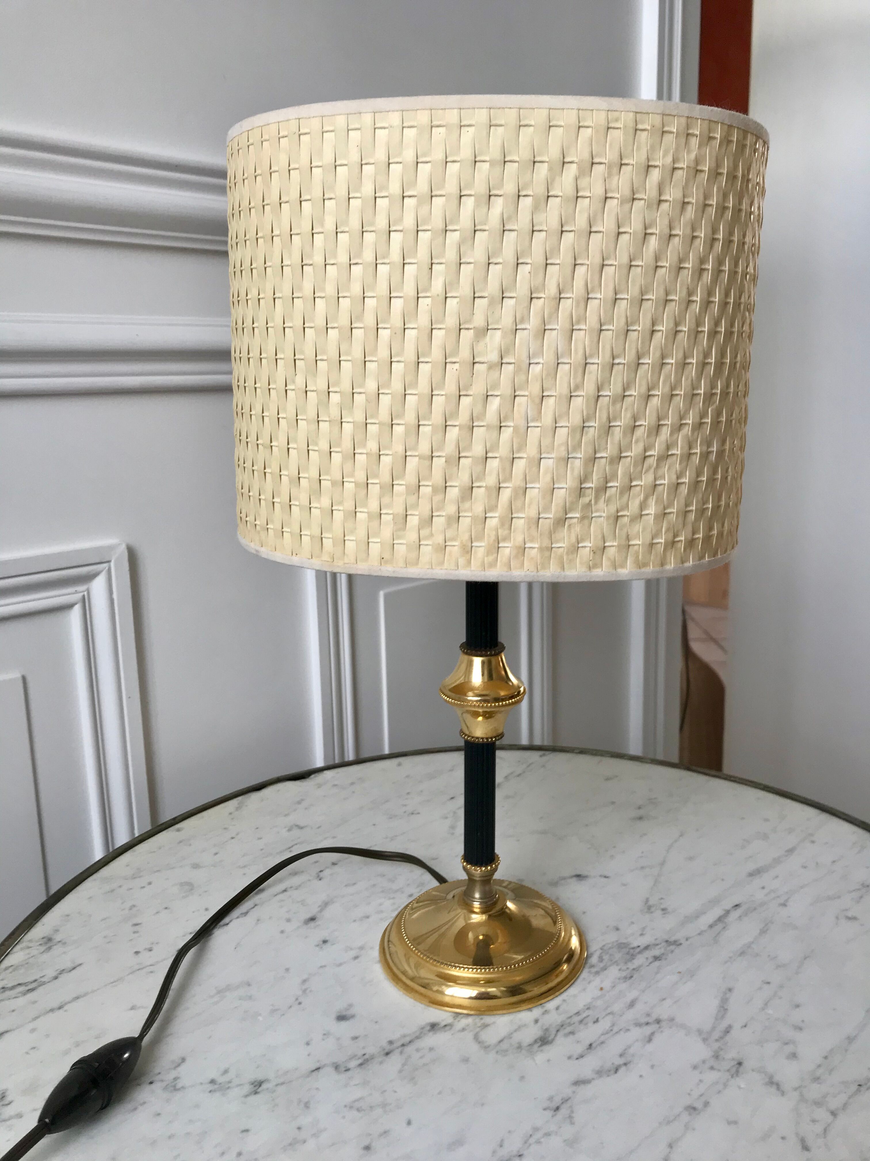 Brass and black metal lamp with woven lampshade woven 50s