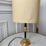 Brass and black metal lamp with woven lampshade woven 50s