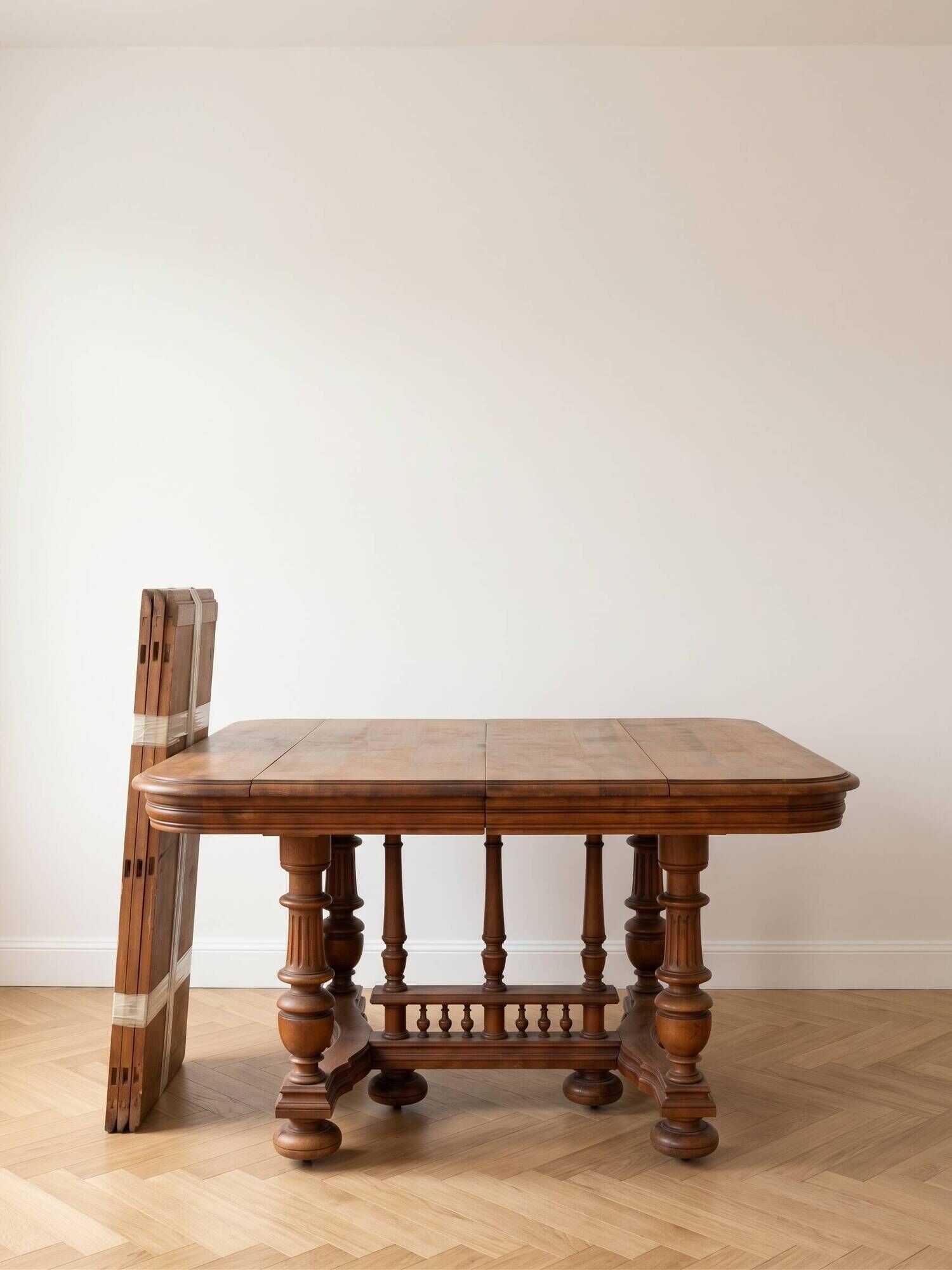 Antique extendable dining table made of solid wood.