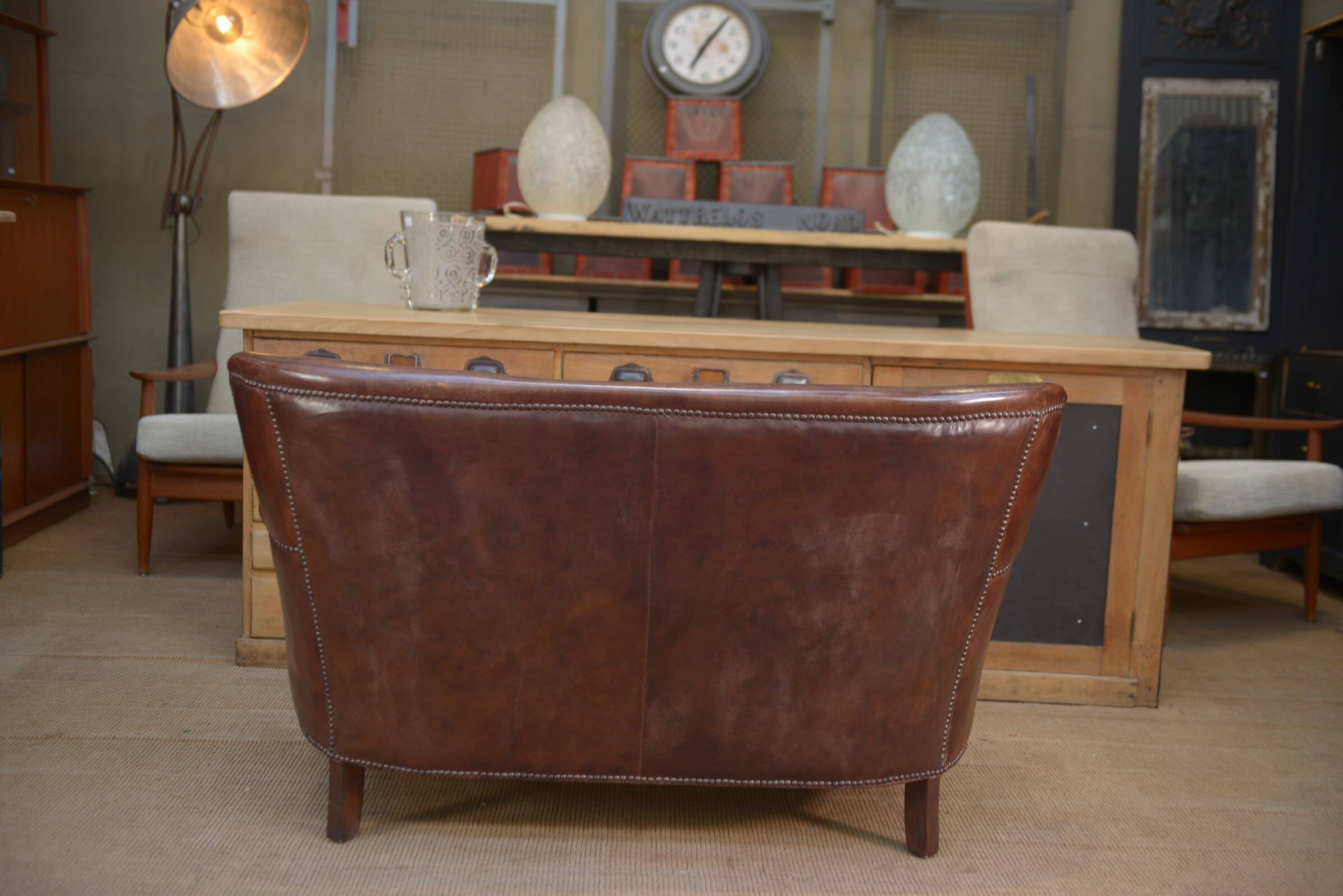 Small Vintage Bench Sofa Studded Leather Sofa 1970s