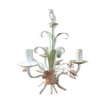 Lustre florentin métal fleurs bouquet vintage 3 bougies