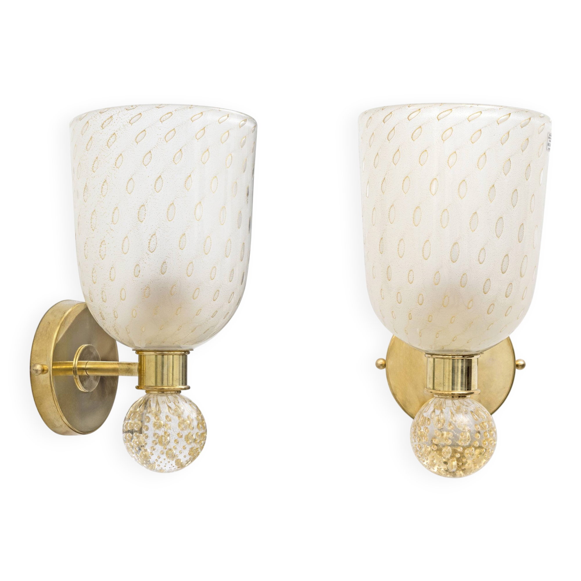Pair of Murano Pulegoso Glass and Brass Wall Sconces, Italy