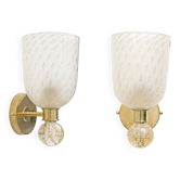 Pair of Murano Pulegoso Glass and Brass Wall Sconces, Italy