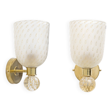 Pair of Murano Pulegoso Glass and Brass Wall Sconces, Italy