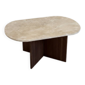 Oval coffee table in travertine and dark oak.