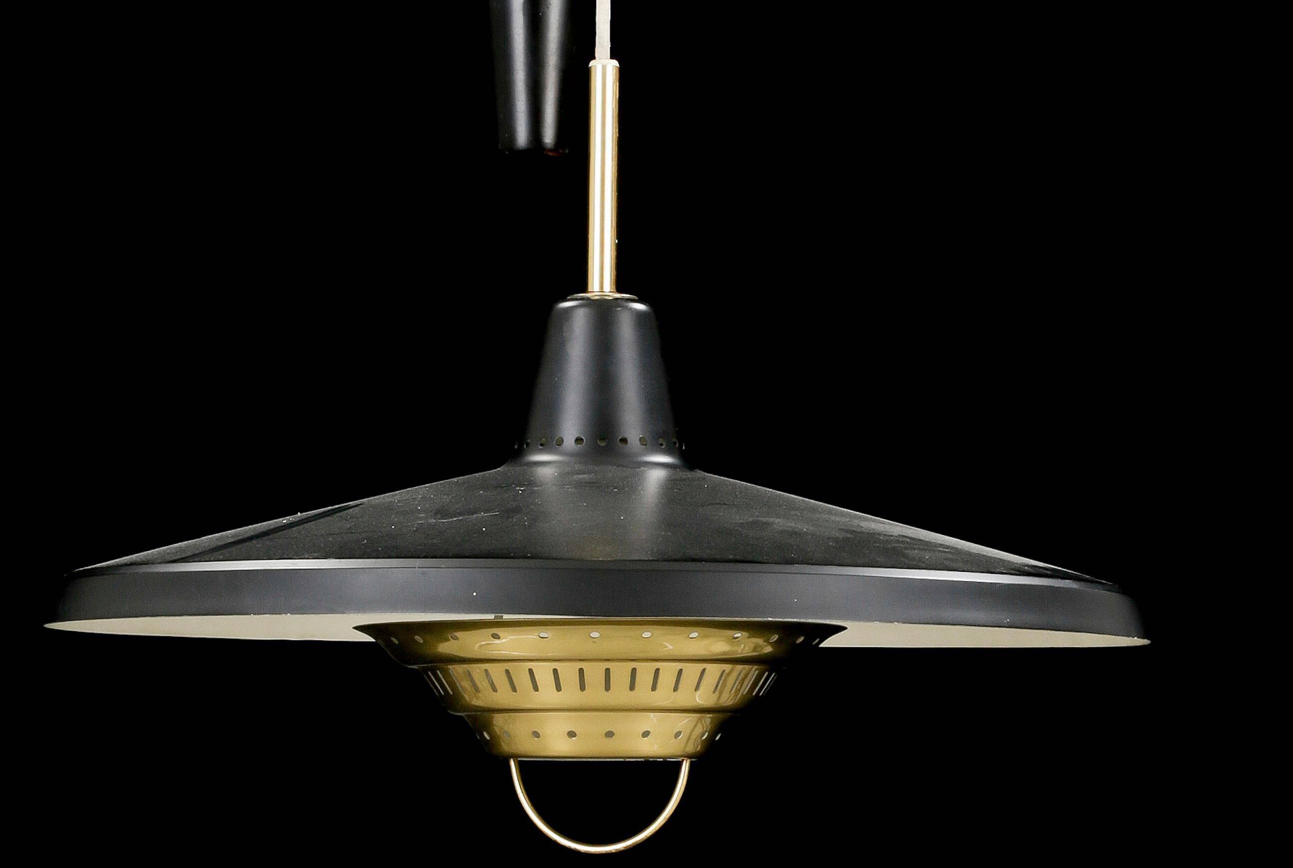 Anonymous suspended lamp with metal black and brass counterweight, Sweden, 1950.