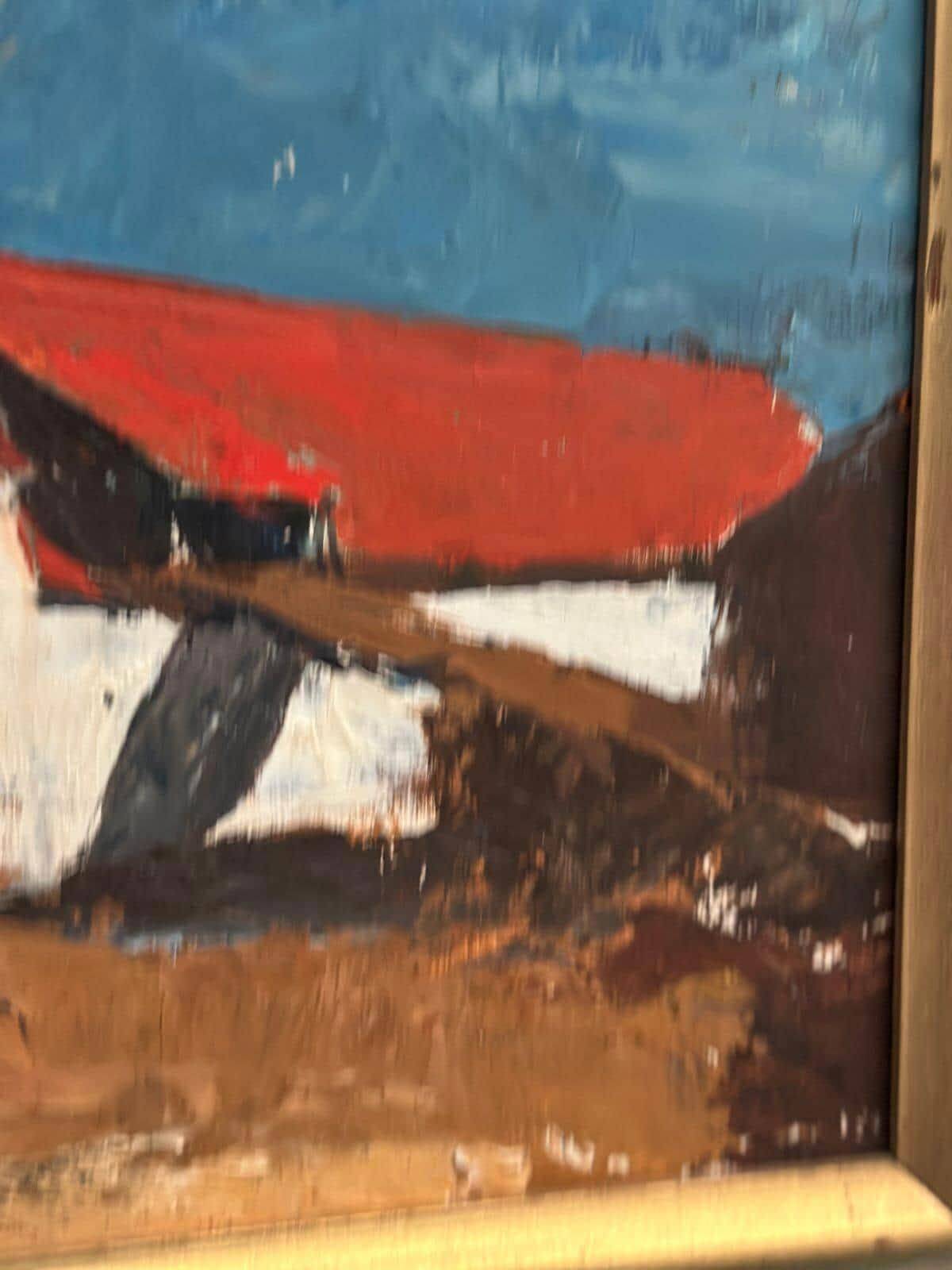 Huile sur panneau originale – “Barn” par Bartja Björklund – Vintage et encadrée