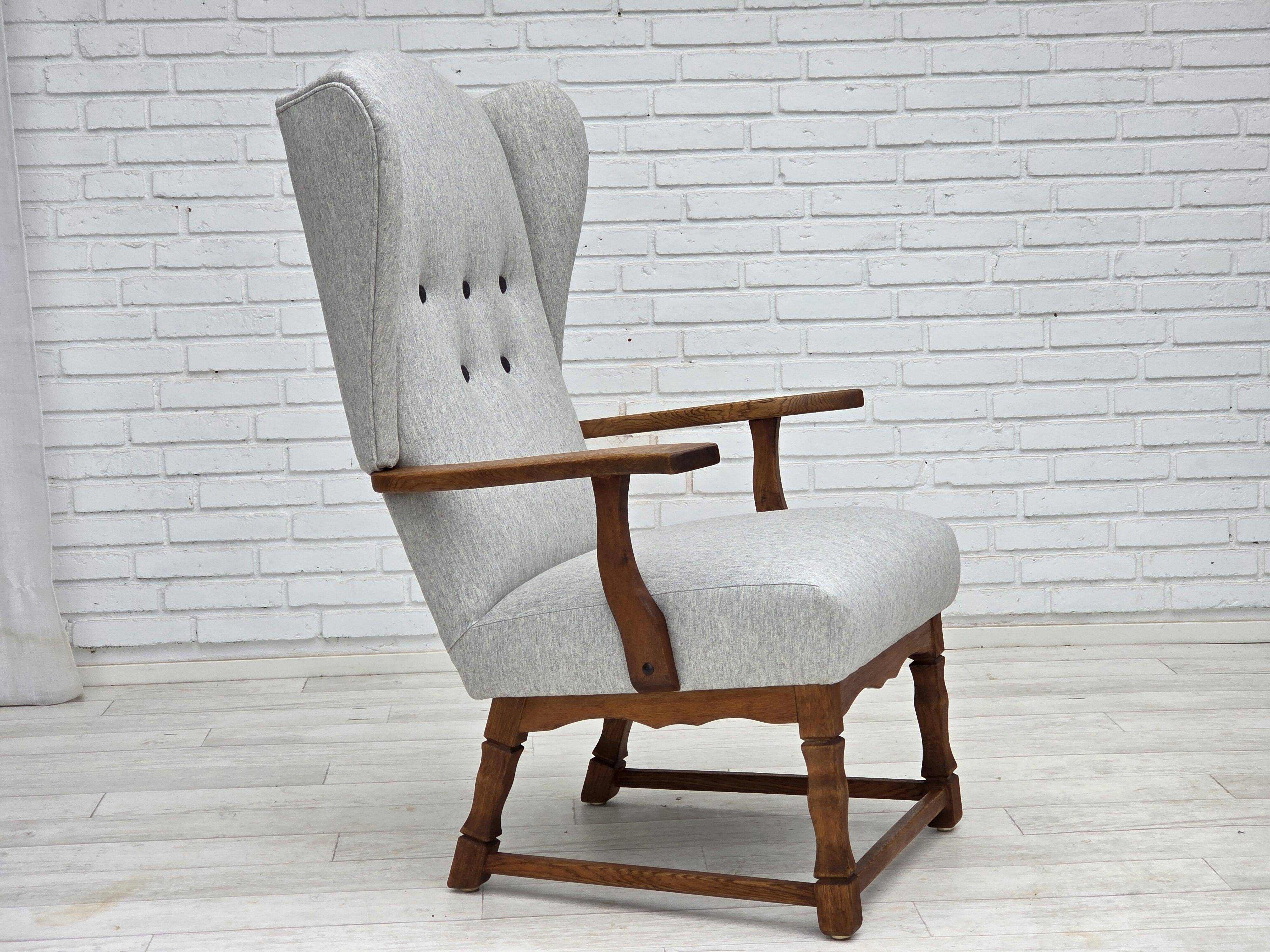 1950s, Danish high-backed armchair, reupholstered, wool, oak wood.