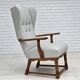 1950s, Danish high-backed armchair, reupholstered, wool, oak wood.