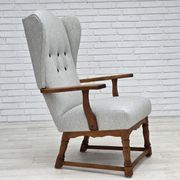 1950s, Danish high-backed armchair, reupholstered, wool, oak wood.