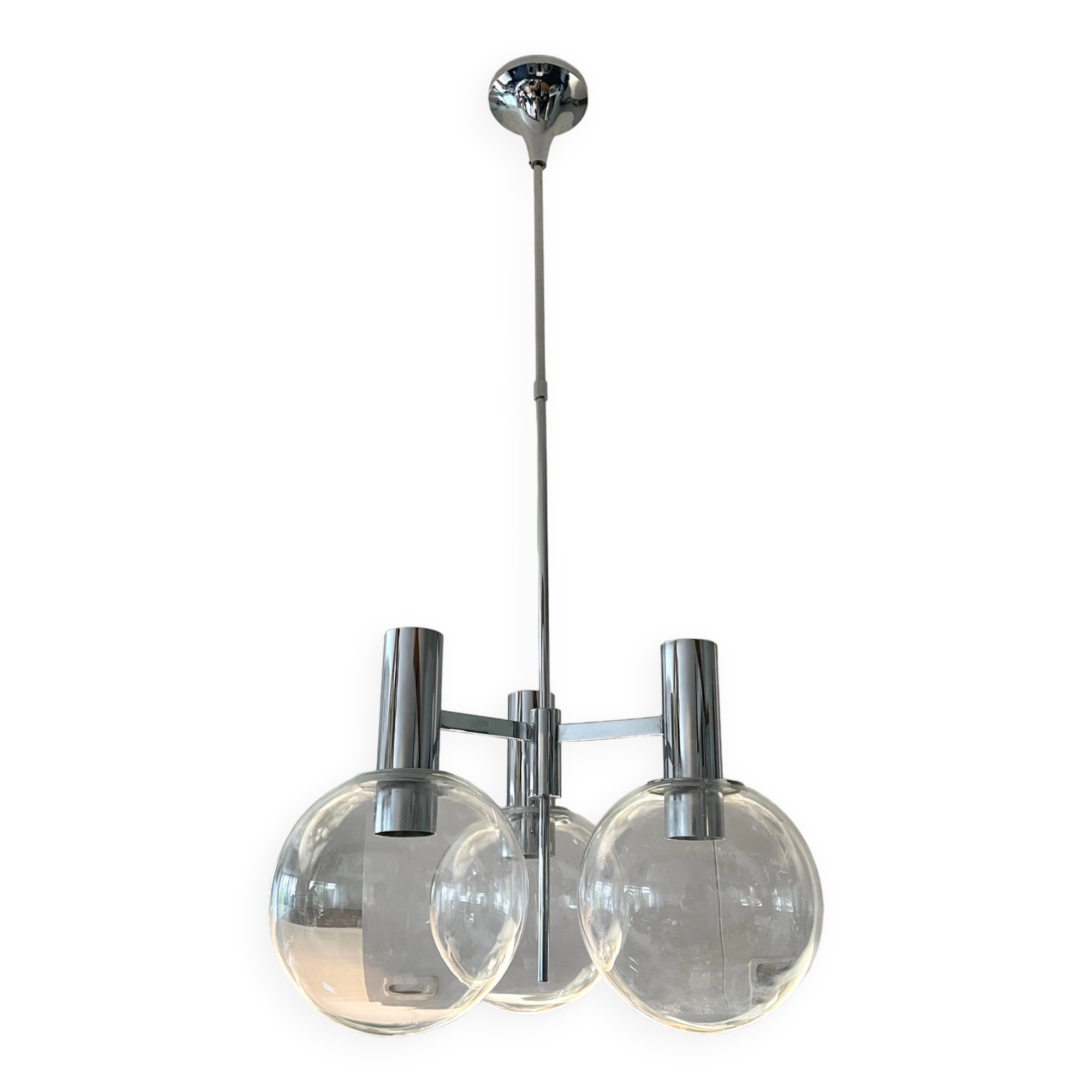 Kaiser Germany, chrome chandelier / suspension with 3 lights, glass balls. 1960