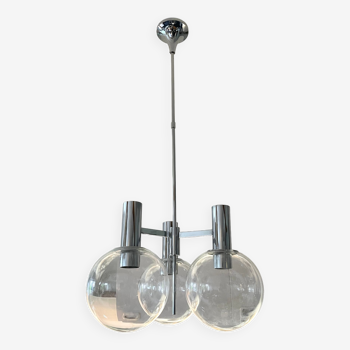 Kaiser Germany, chrome chandelier / suspension with 3 lights, glass balls. 1960