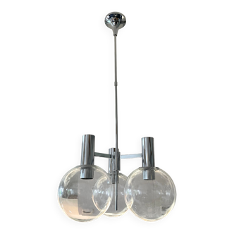 Kaiser Germany, chrome chandelier / suspension with 3 lights, glass balls. 1960