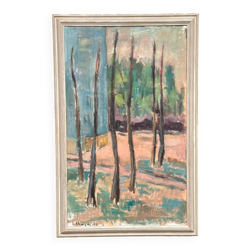 Huile sur toile suédoise du milieu du siècle – « Arbres » par Ingeborg Strangell – Vintage et encadrée