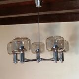 5-spoke chromed metal chandelier and smoked glass globes from Maison See Delmas 1970 vintage