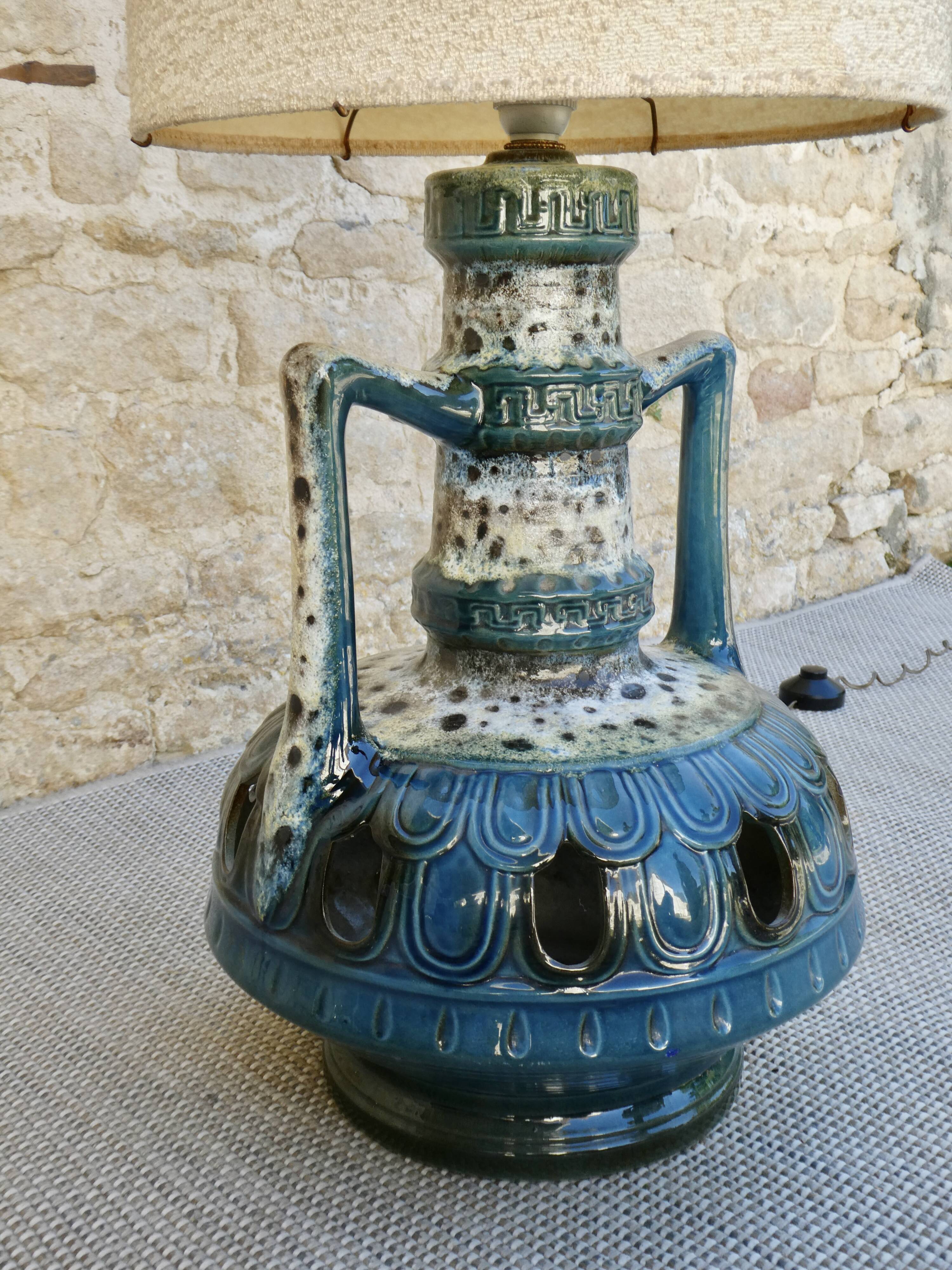 Blue ceramic floor lamp, Fat Lava, double lighting, 70s