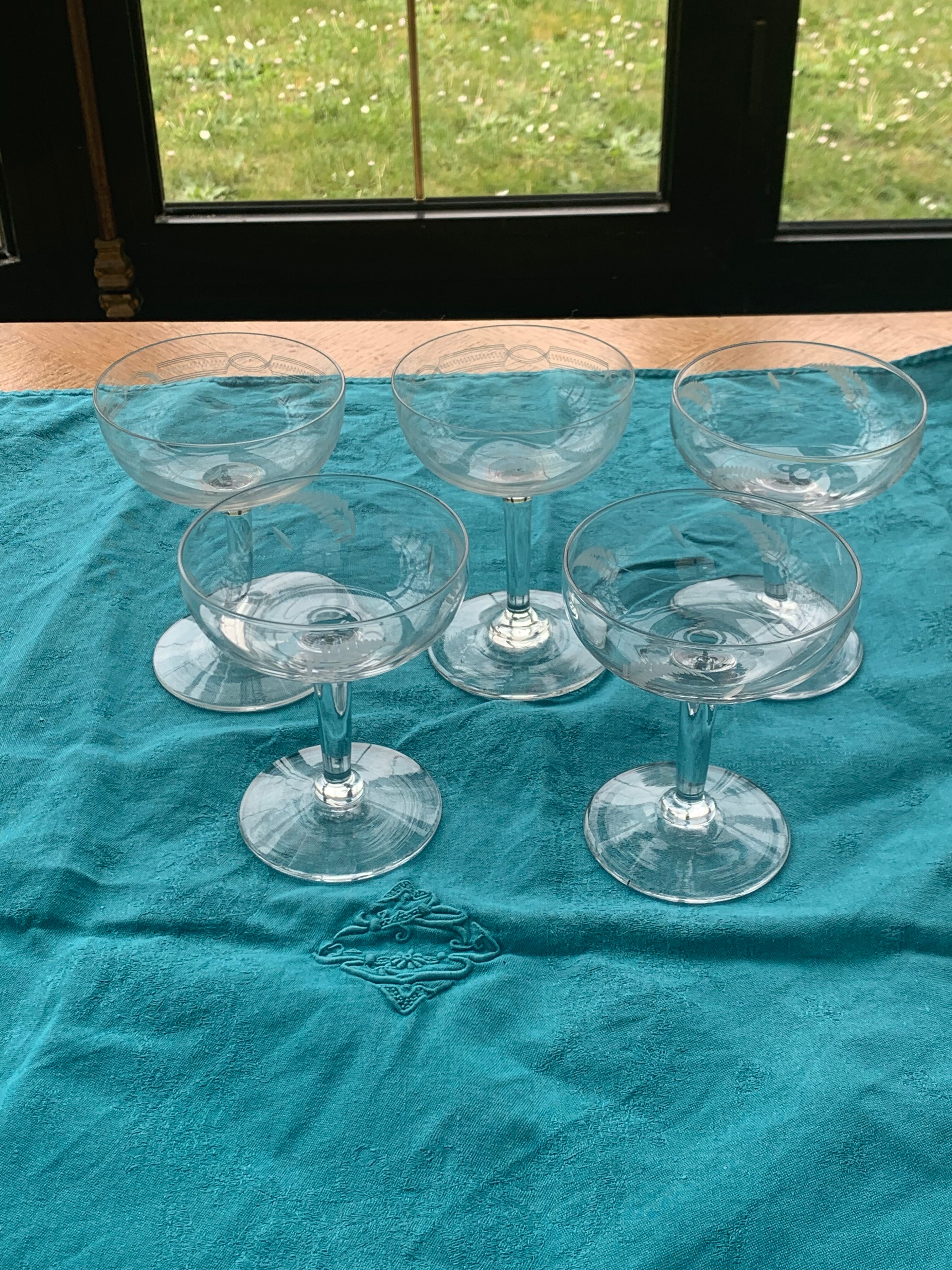 5 vintage mismatched champagne glasses
