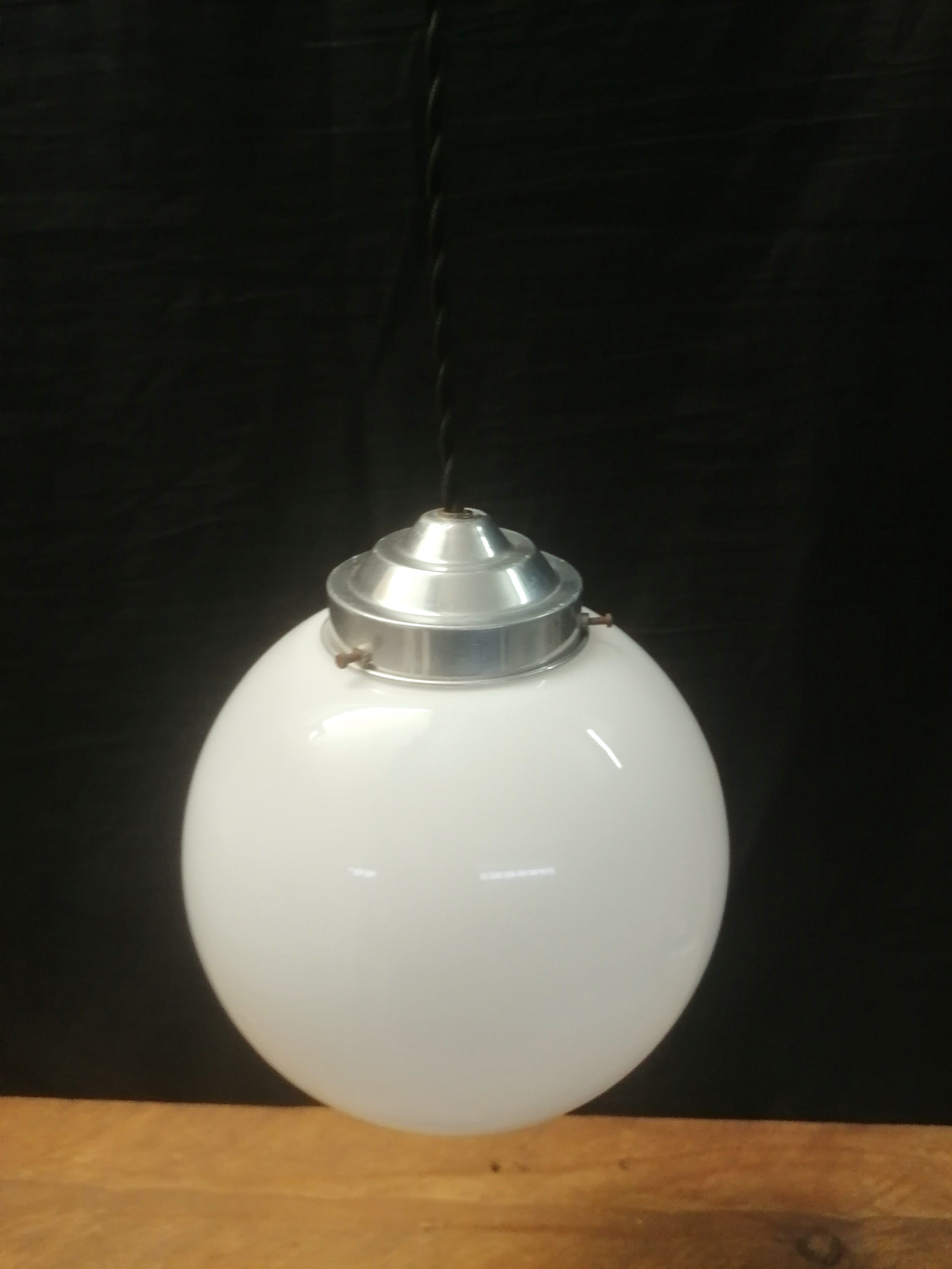 Art Deco Suspension - White Opaline Globe - Porcelain Pavilion -CIRCA 1940