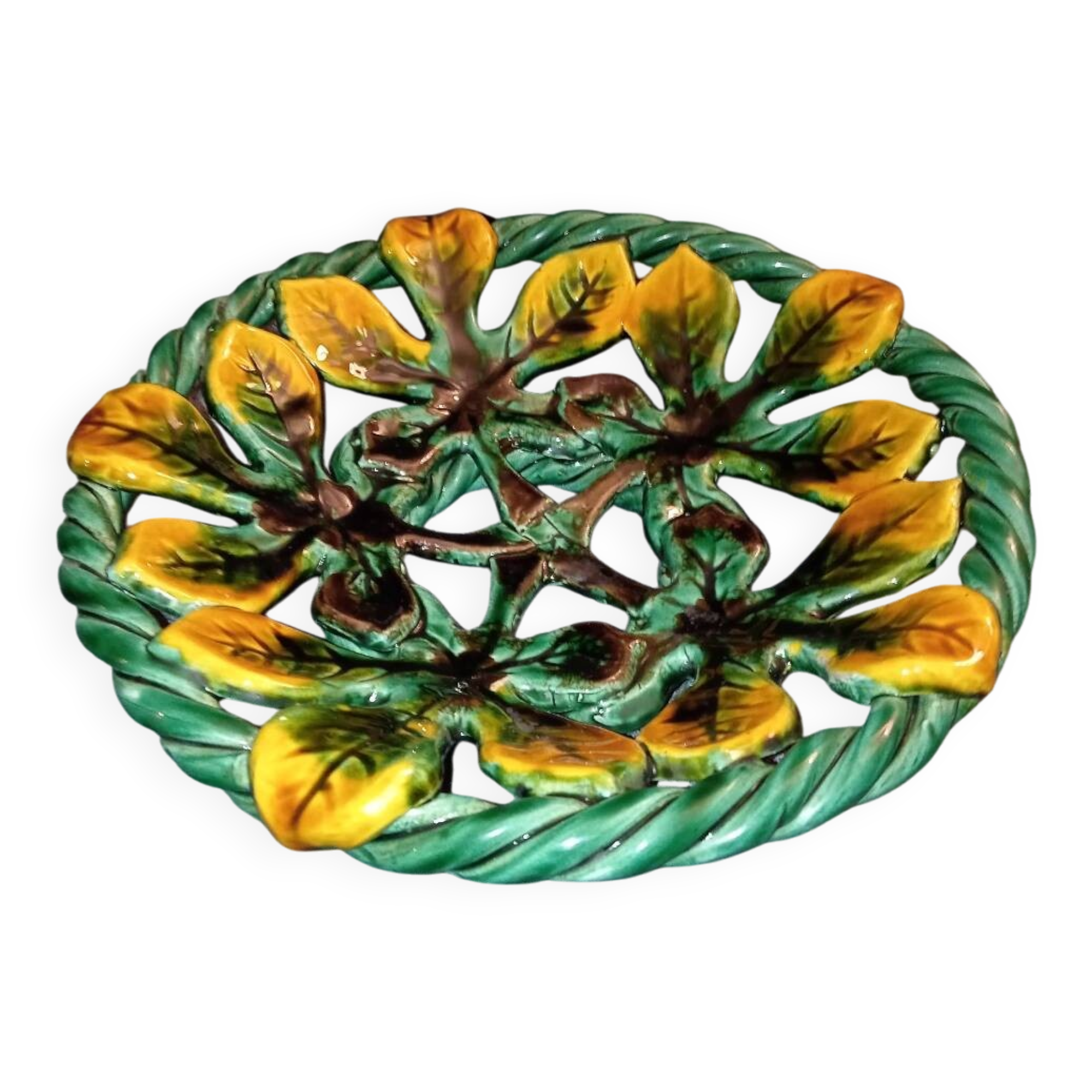 Vintage basket made of woven and glazed ceramic