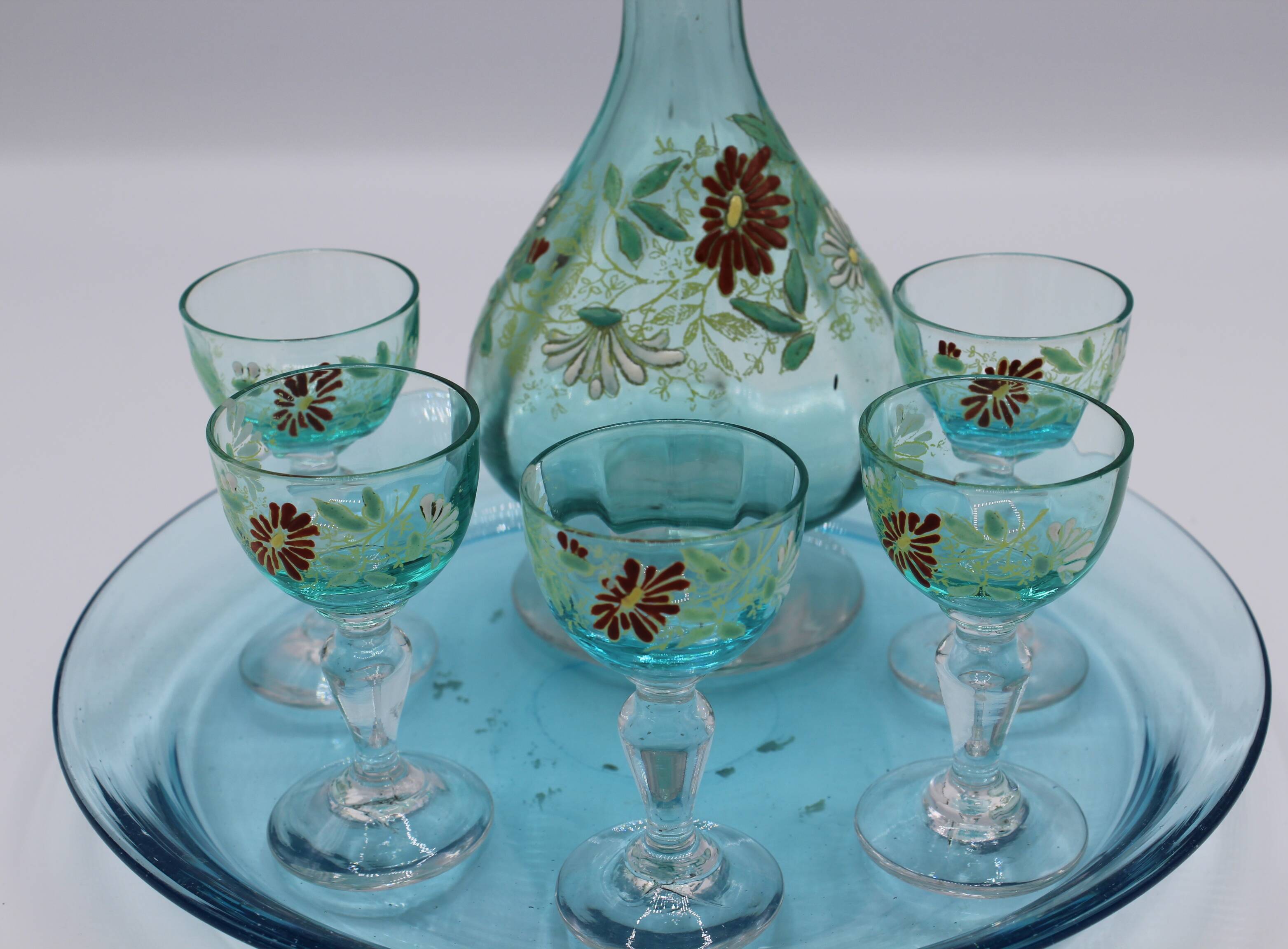 Magnifique service a liqueur en vere bleu emaille legras george sand art no