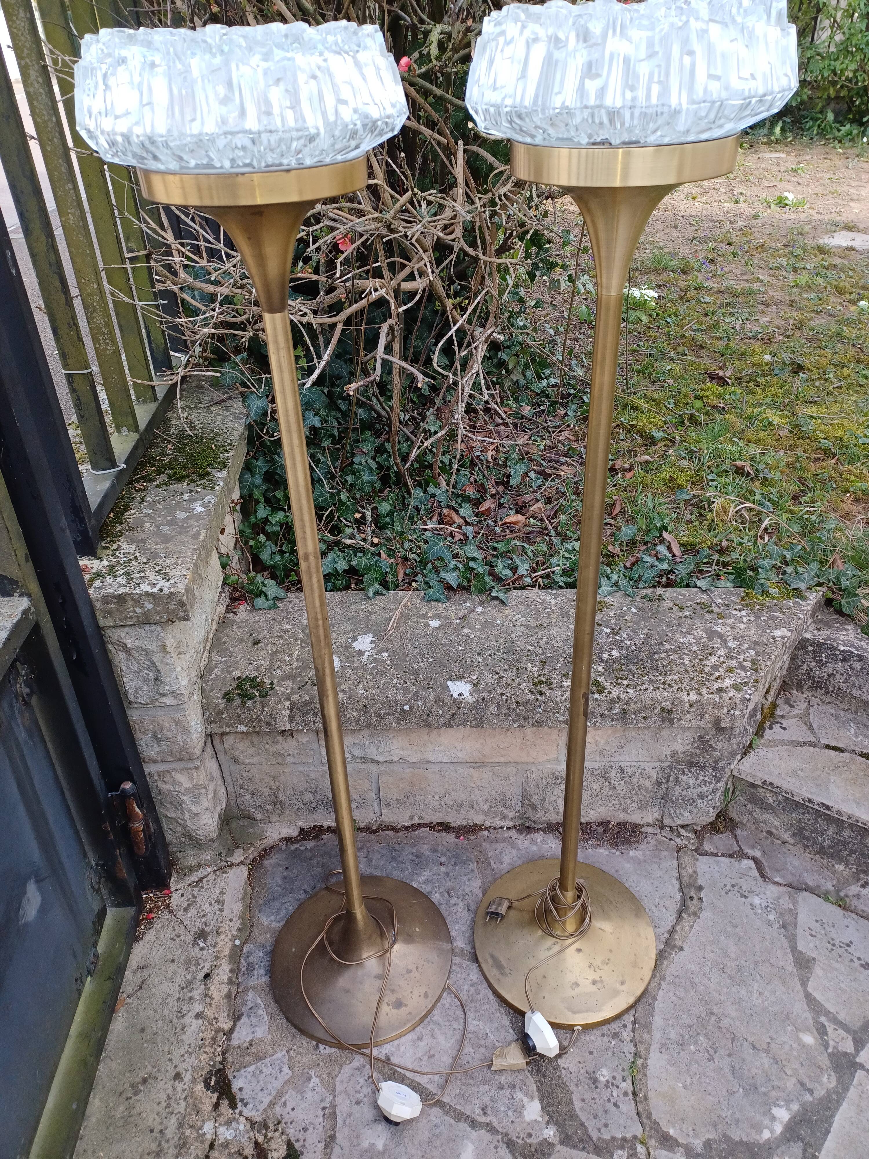 Pair of floor lamps gilded brass and glass maison Arlus 1950s