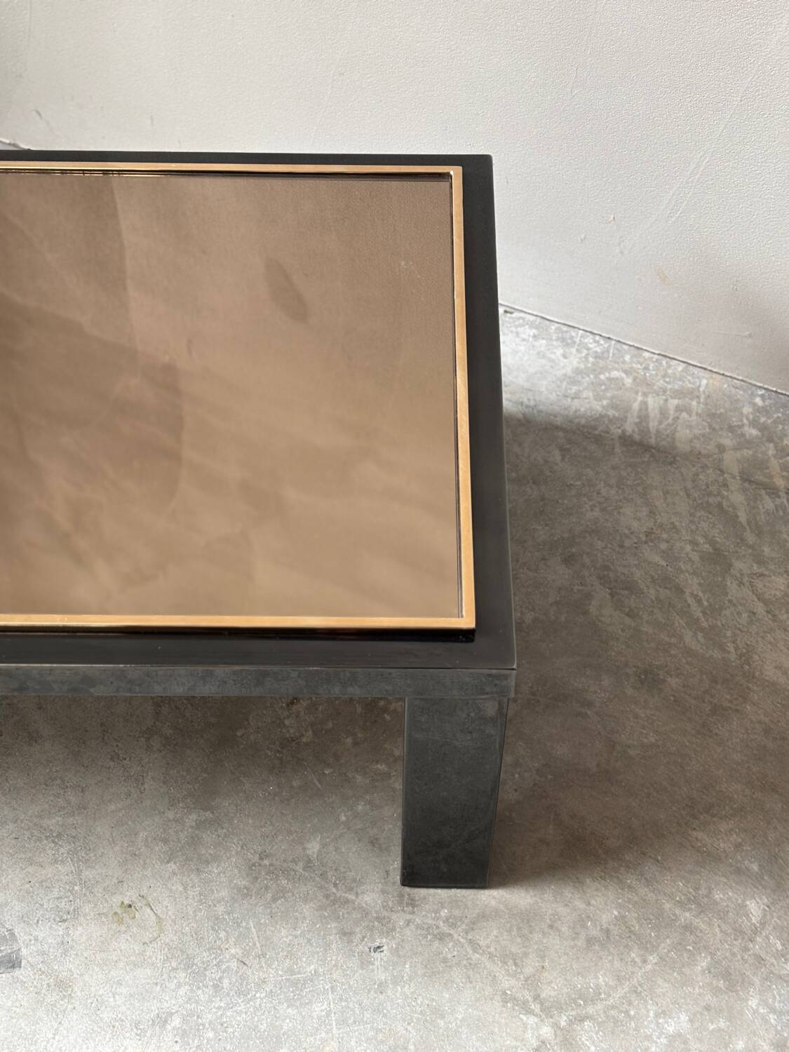 Large Belgochrom coffee table in gold and smoked glass.