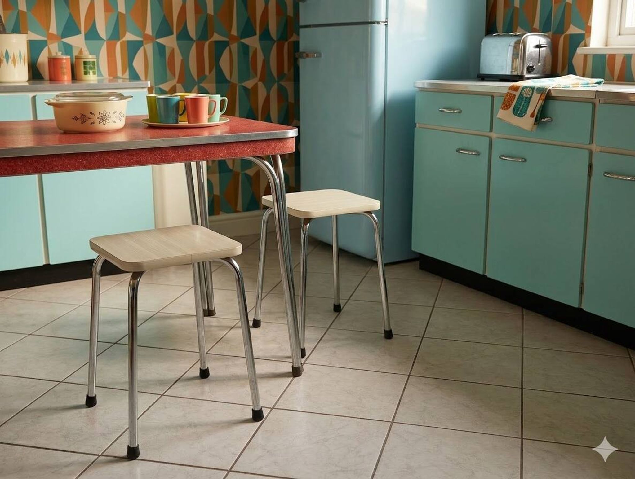2 Scandinavian Style Stools in Formica and Chrome Steel, 1950s-60s