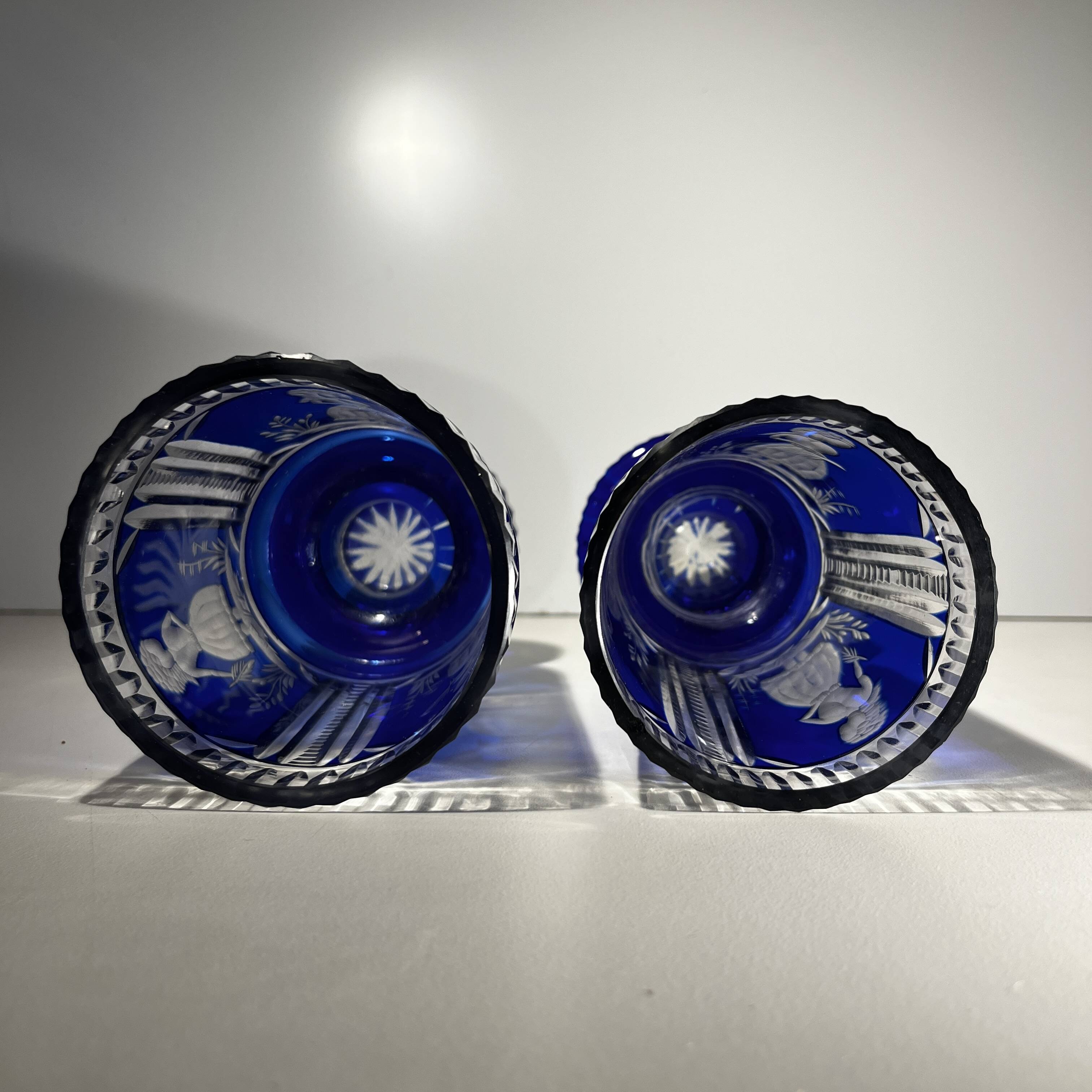 Bohemian crystal, set of 2 glasses, double-cut cobalt blue, ca 1900