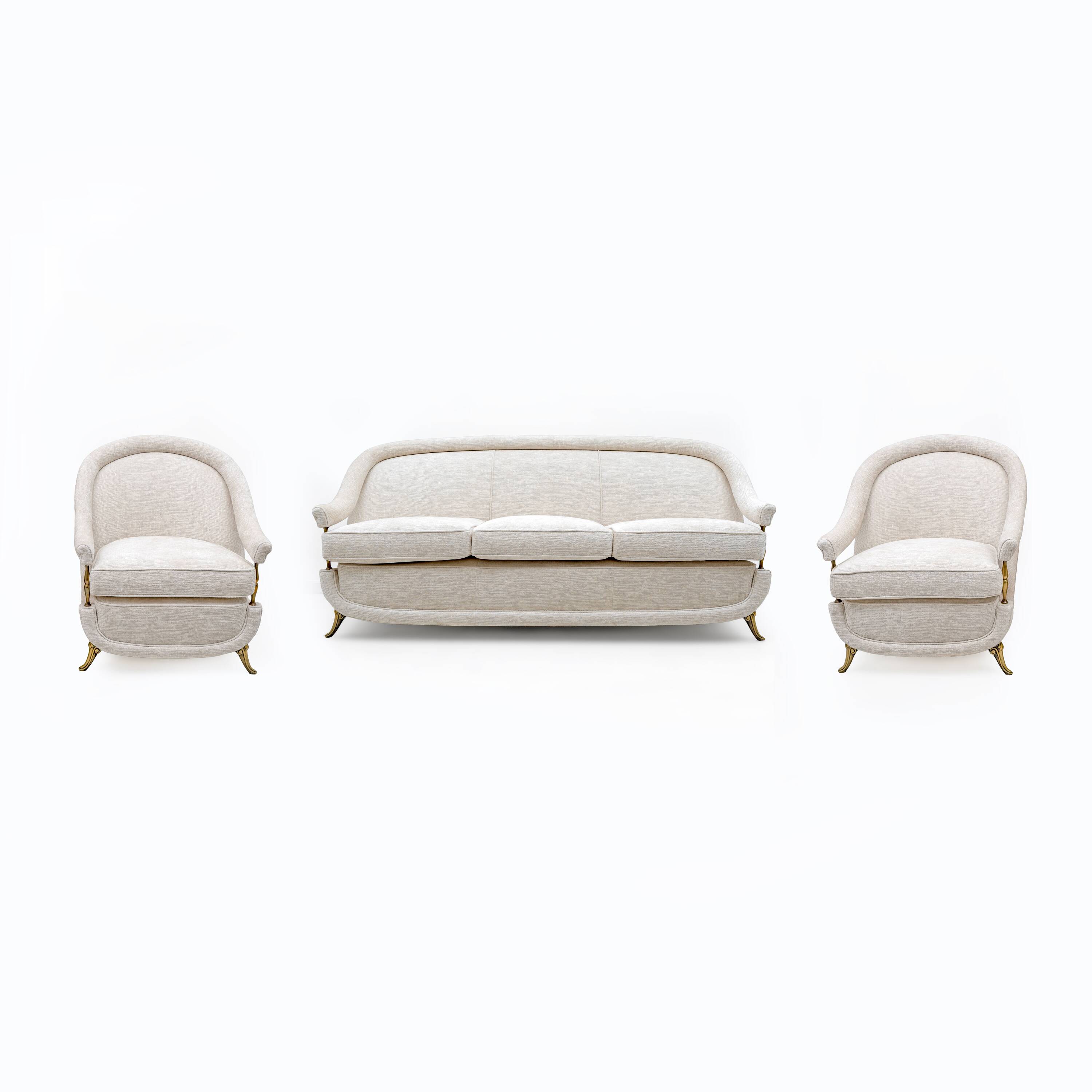 French of Mid-Century Sofa in Art Deco Style with Brass Details, 1950s