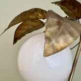 Vintage lamp with leaves in gilded brass and white opaline globe
