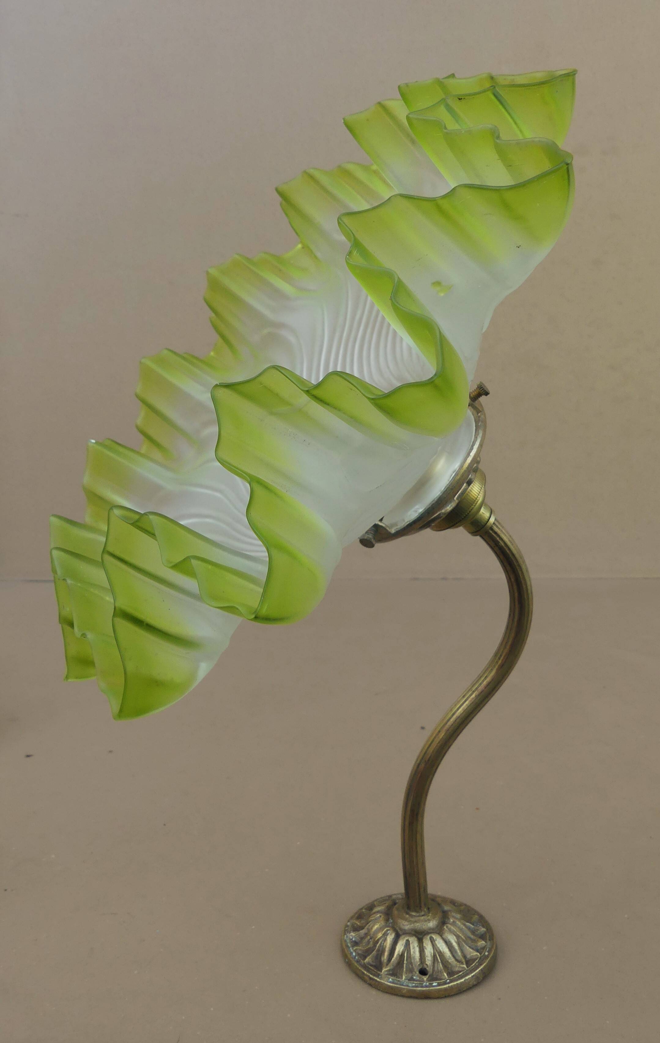 Old BRONZE GOOSENECK wall lamp with wavy yellow green OPALINE lampshade