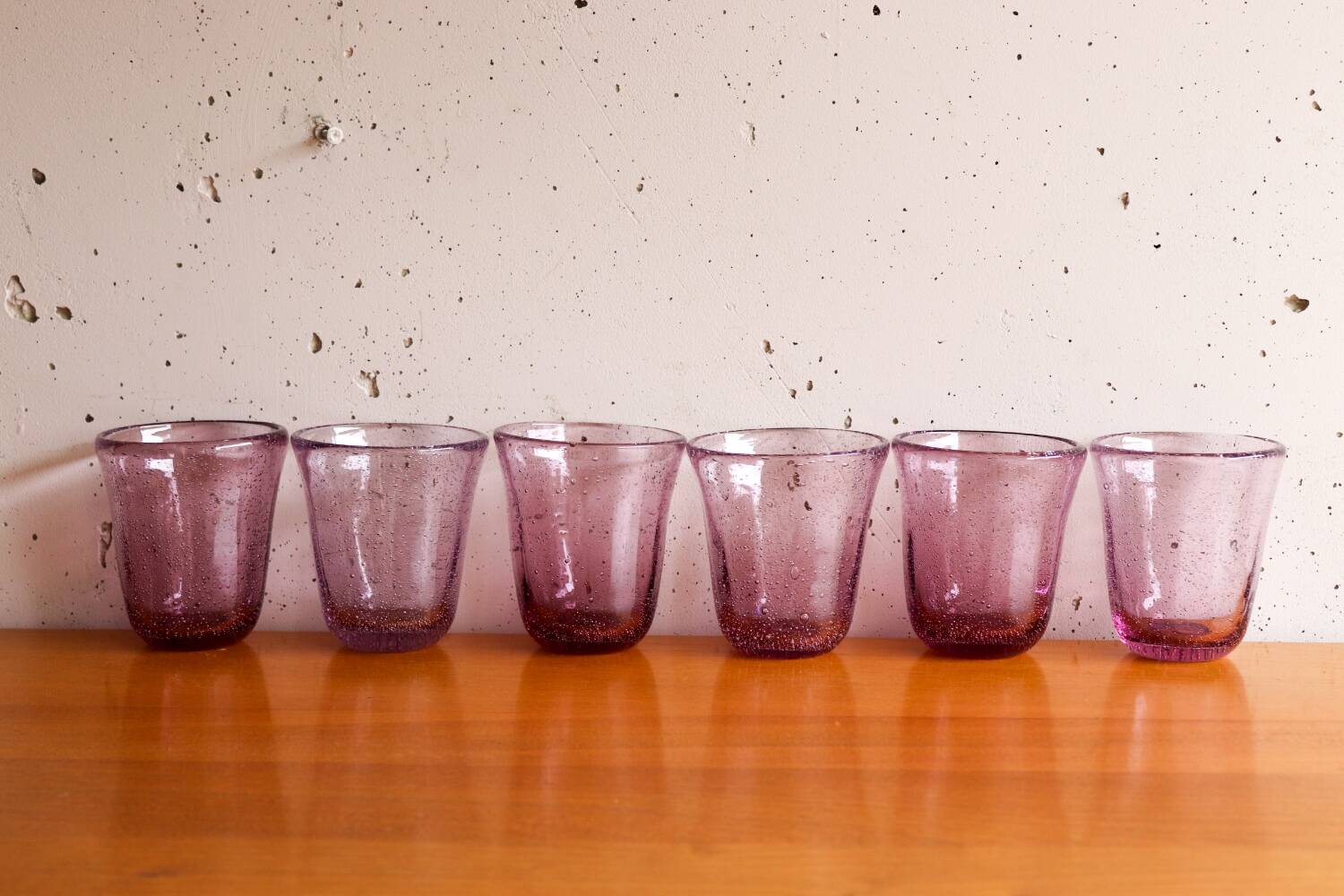 6 purple Biot bubble blown water glasses