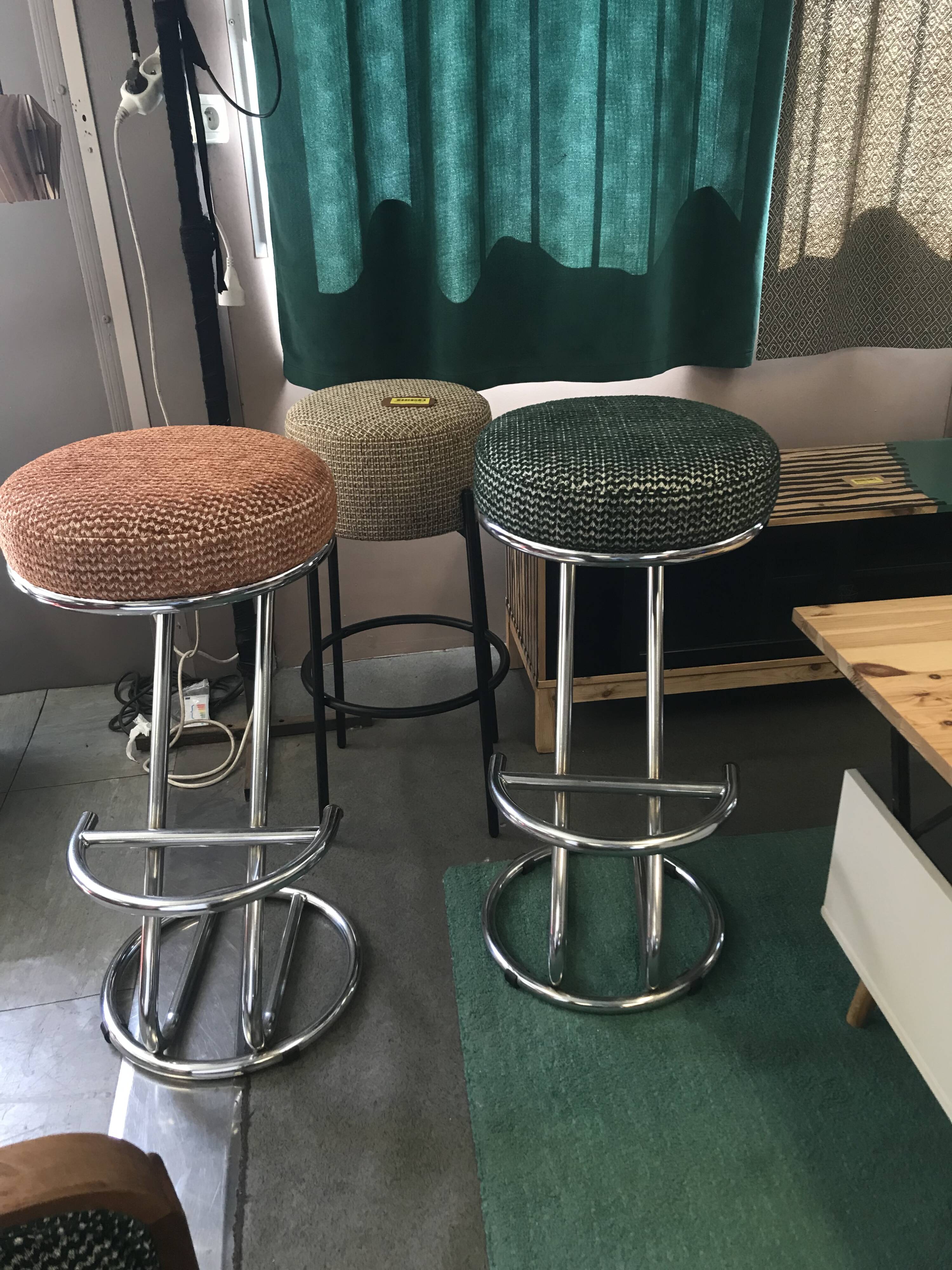 Vintage 80s green metal bar stool.