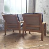Danish Mathsson sofa + 2 armchairs in curved wood and leather