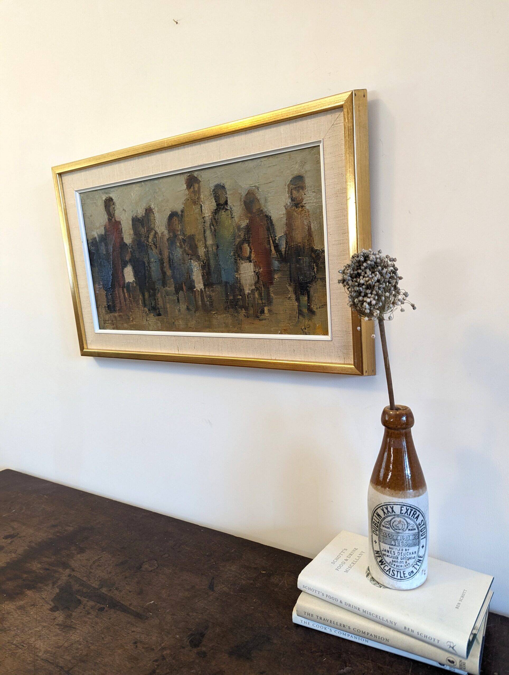 Mid-Century Modern Swedish "Assemble", Vintage Figurative Oil Painting, Framed