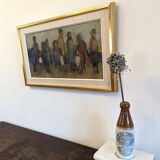 Mid-Century Modern Swedish "Assemble", Vintage Figurative Oil Painting, Framed