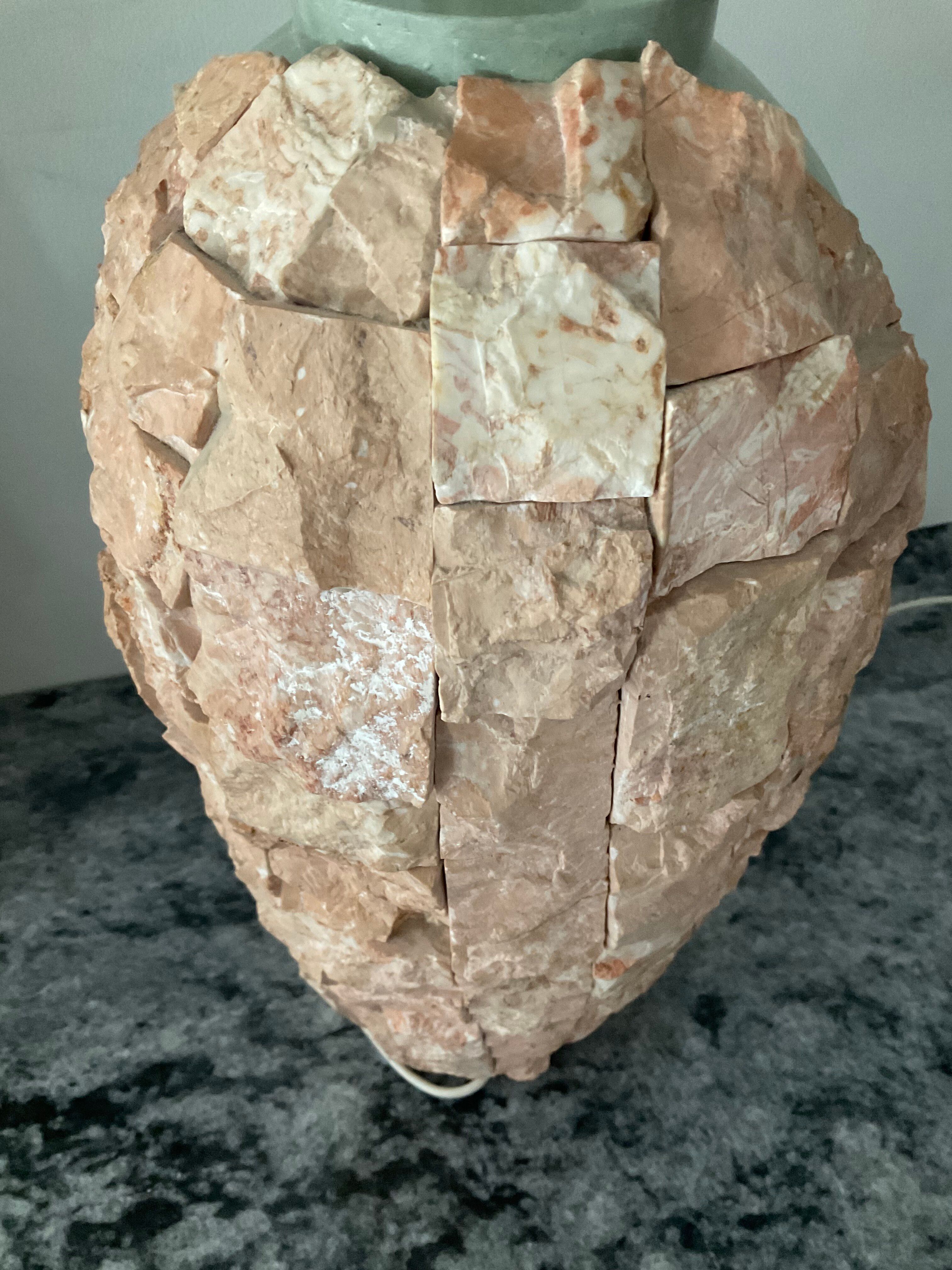 Vintage lamp base in Mactan stone and green marble.