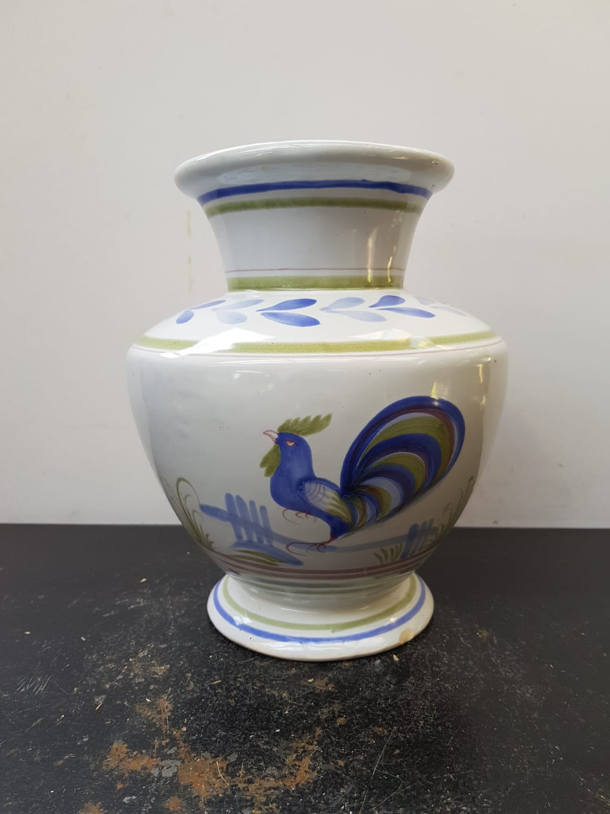 Old vase quimper henriot ceramic white décor blue rooster vintage