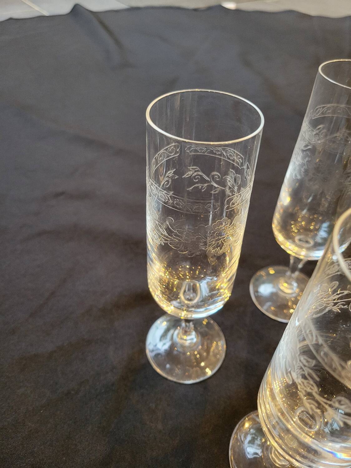 6 engraved crystal champagne flutes (floral) 1920