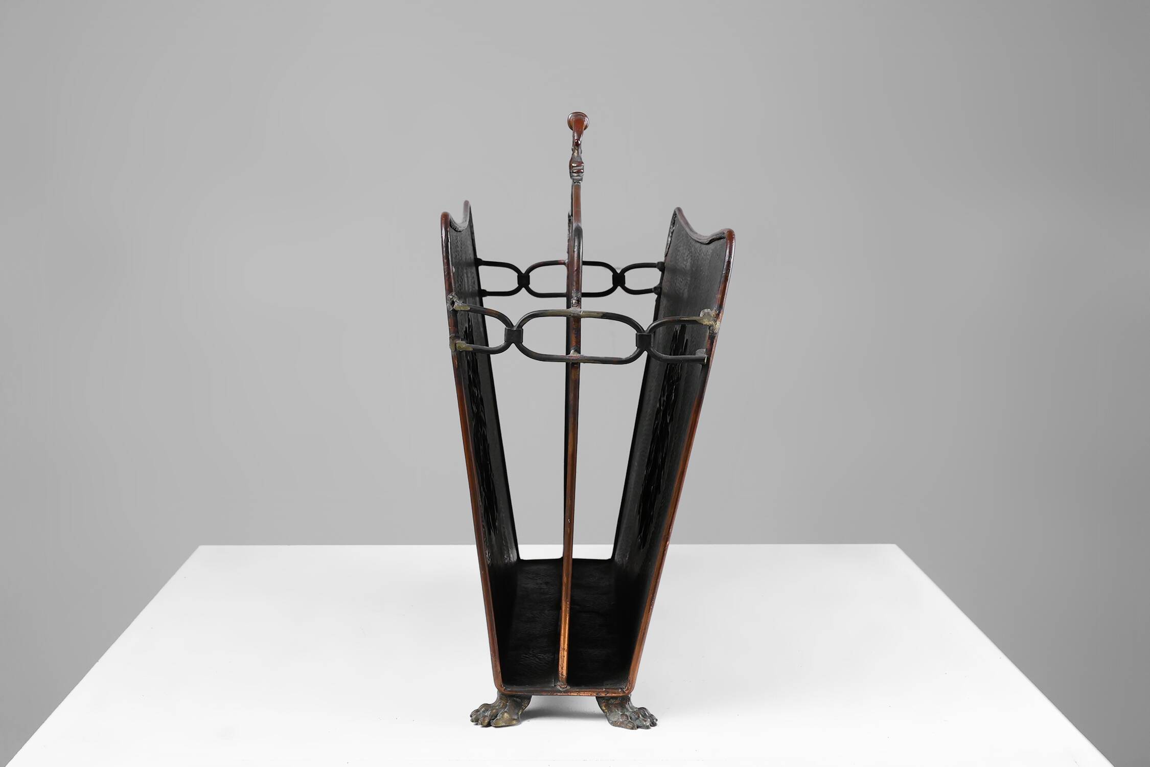 Mid-century magazine rack in hammered copper, France ca. 1900