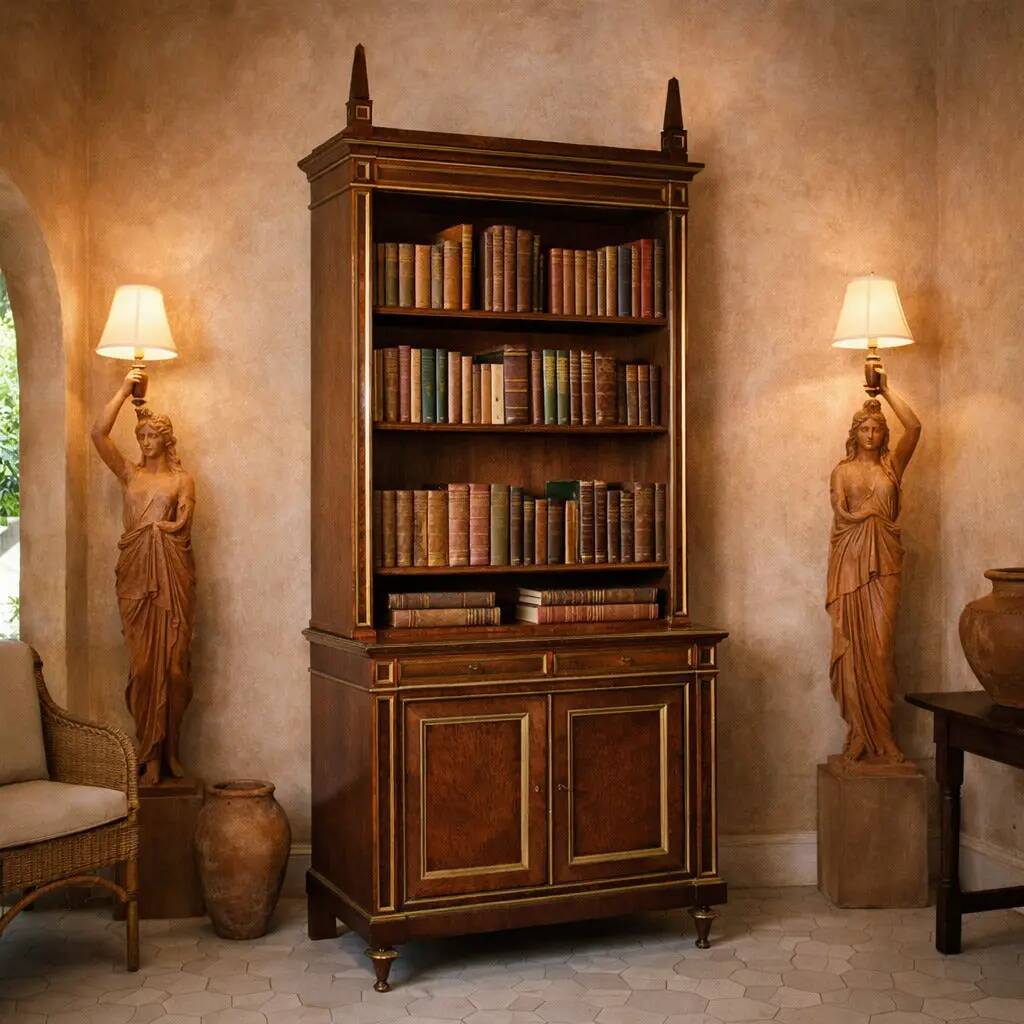 Empire library in mahogany veneer, sessile oak, France, early 19th century.