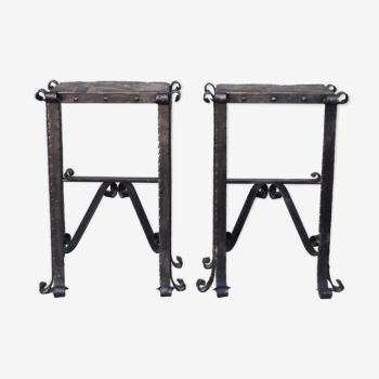 Pair of wrought iron and lava stone bedsides