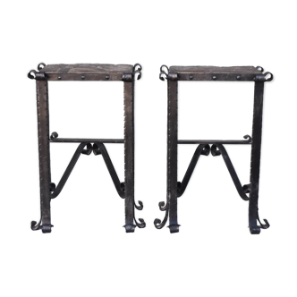 Pair of wrought iron and lava stone bedsides