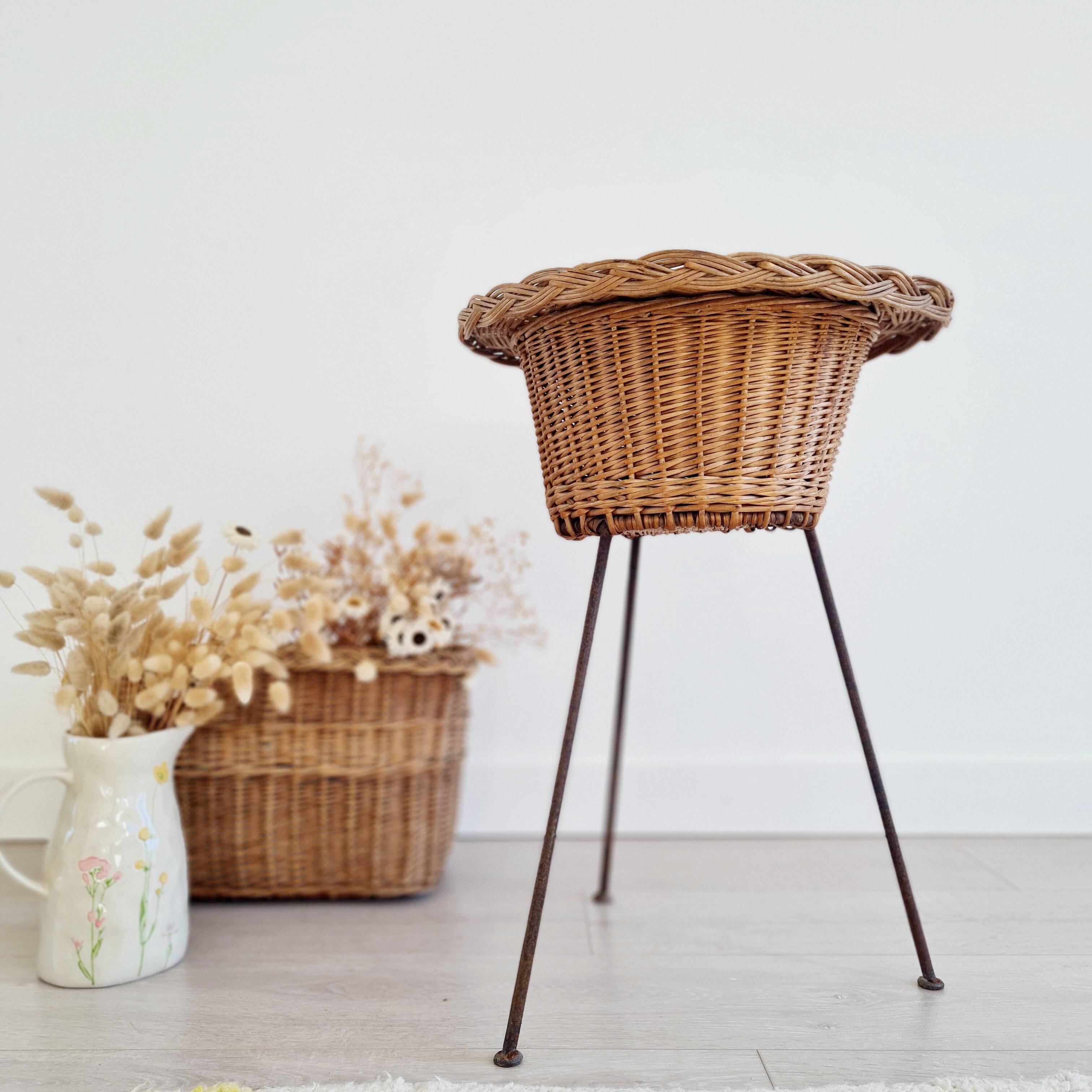 Rattan and metal tripod planter