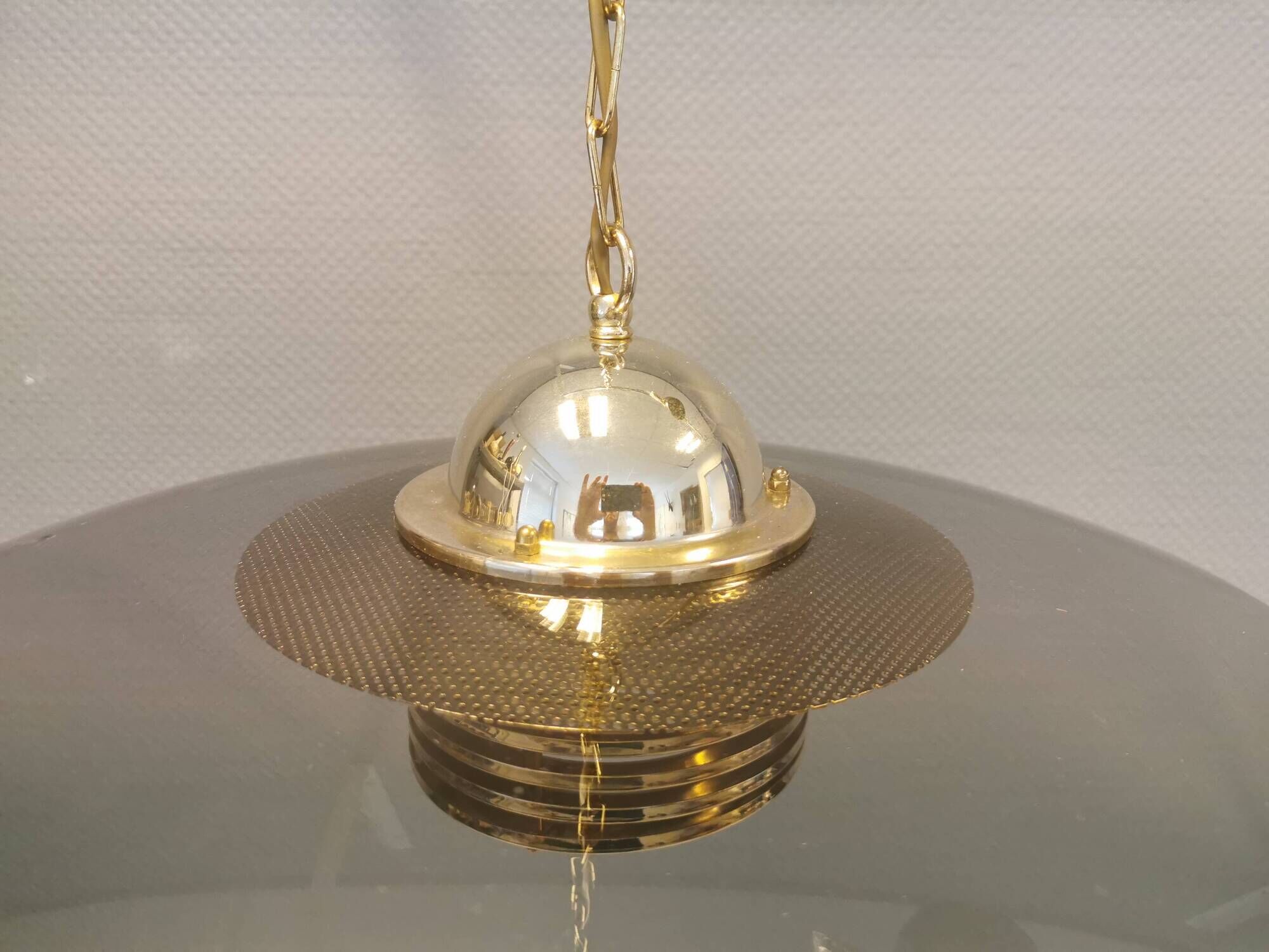 Original Belid T 391 pendant light in gold-coloured metal and smoke-coloured glass